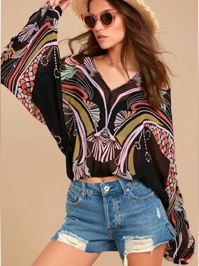 Free People Beneath the Sea Black Print Top